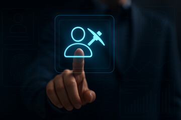 Futuristic profile mining icon glowing on digital interface, person touching holographic screen, data technology, cyber identity authentication background