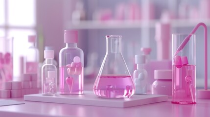 Scientific skincare display featuring glass flask and cosmetic materials in laboratory setting