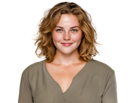 portrait of a young Caucasian blonde woman smiling and wearing green blouse, isolated on white or transparent background