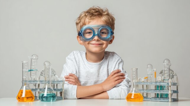 A young boy in safety goggles smiles confidently while conducting experiments in a colorful science lab. - Powered by Adobe