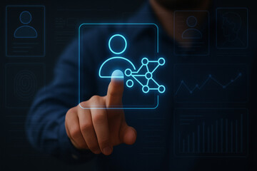 Fototapeta premium Futuristic User Interface with Machine Learning Profile Touch Interaction, Glowing Holographic Network Data, Biometrics, Analytics, AI Concept Image