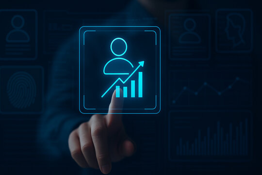 Futuristic touchscreen user profile interface with predictive analytics graph, biometric ID, digital access control, and interactive holographic data system.