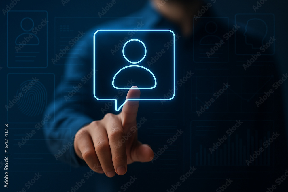Poster man touching virtual chatbot profile icon on futuristic holographic screen for ai communication and 