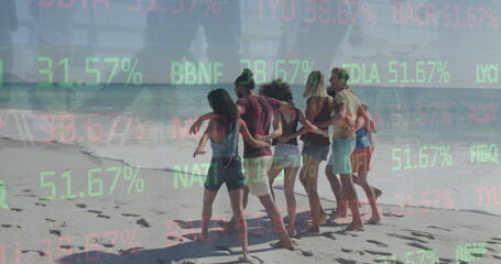 Linking arms eight adult friends walking shoreline, showing digital stock overlay with percentages