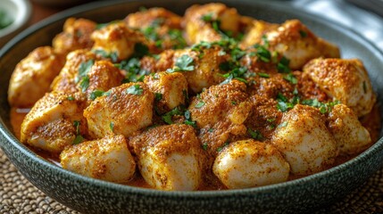 Spicy Chicken Curry in Dark Bowl,  Table Setting Visible