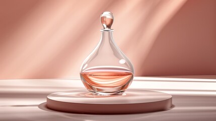 Scientific skincare display featuring glass flask on podium in a laboratory environment