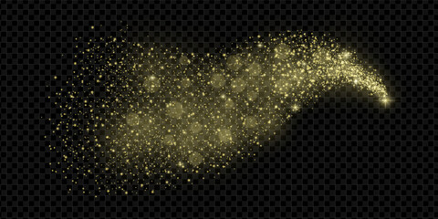 Golden glitter swirl with sparkle particles and magic stardust trail on black background. Shiny light effect with shimmer, bokeh and confetti. Perfect for Christmas festive fairy themed vector design.