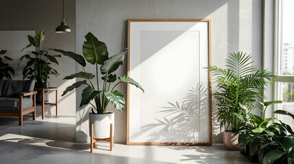 Blank frame mockup interior design with plants and sunlight for art and photo display presentation