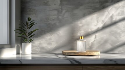 Advanced cosmetic science  laboratory display featuring glass flask and skincare background elements