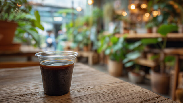 Iced Coffee Embraced by Lush Greenery Inside a Cozy Café with Warm Atmosphere
