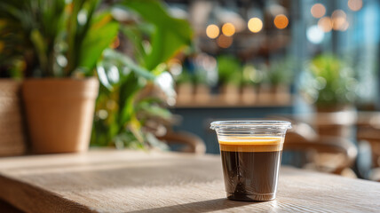 Espresso Shot Presented in a Simple Cup on a Rustic Table Surrounded by Potted Plants and Warm Lighting