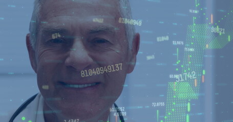 Smiling doctor in white coat analyzing candlestick chart in office with stethoscope, copy space