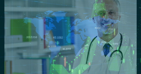 Displaying doctor wearing lab coat and stethoscope in clinic, with digital data overlay, copy space