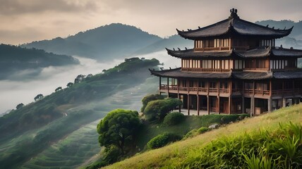 A wooden Asian home perched atop a hill overlooking a foggy countryside