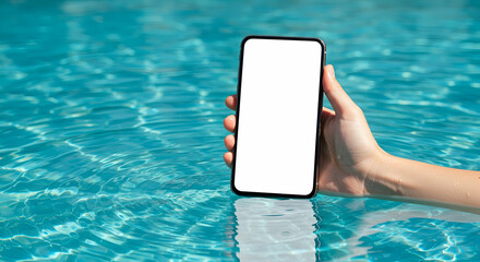 Hand holding phone with blank screen in pool water summer vacation mobile mockup poolside technology