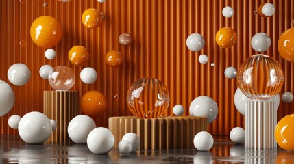 Laboratory 3d rendering of scientific skincare materials with glass flasks on podium display