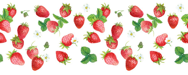 Seamless border with falling ripe strawberries, flowers and green leaves in the background. Watercolor illustration for advertising juice, desserts, pastries.