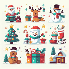 Cartoonstyle Christmas icons Santa snowman reindeer gifts tree gingerbread bear house stocking