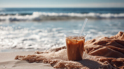 Close-Up of an Iced Drink with Swirling Ice on a Beach Table, Framed by Waves Crash Softly Against the Shore Under the Sun