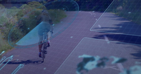 Riding cyclist on road bicycle wearing helmet checking fitness tracker on winding road, HUD overlay