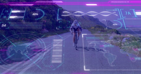 Riding female cyclist navigating curved mountain road, displaying holographic AR graphics overlay