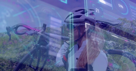 Shouldering bicycle cyclist moving along roadside path, with helmet sunglasses gloves data overlay