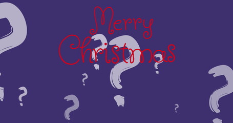 Displaying red cursive Merry Christmas text on purple background, with pale grey question marks