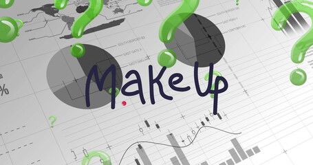 Showing central MakeUp text over infographic grid, with green question marks and grey pie charts