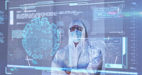 Scientist wearing coverall suit analyzing holographic virus models in high-tech lab, digital panels