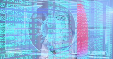 Fototapeta premium Specialist in suit monitoring panels at cybersecurity lab, with virus model and fingerprint icon