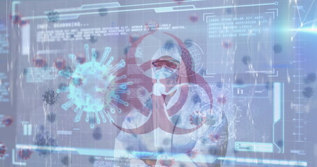 Man in hazmat suit crossing arms in lab interface, with virus models and biohazard overlay