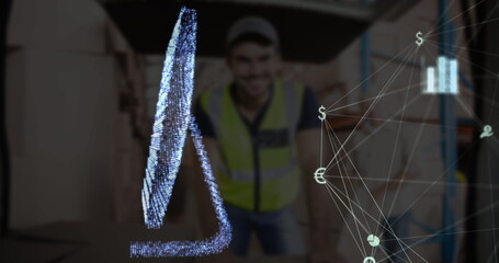 Smiling worker wearing safety vest and cap viewing hologram at warehouse, with currency network