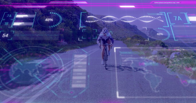 Riding female cyclist navigating curved mountain road, displaying holographic AR graphics overlay