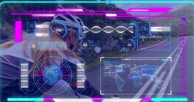 Cyclist wearing cycling jersey and helmet riding road bike on mountain road, with HUD overlays