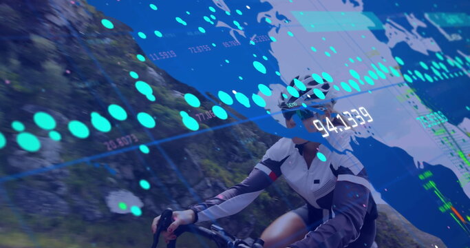 Riding cyclist on bike wearing helmet climbing winding mountain road with data overlay, copy space