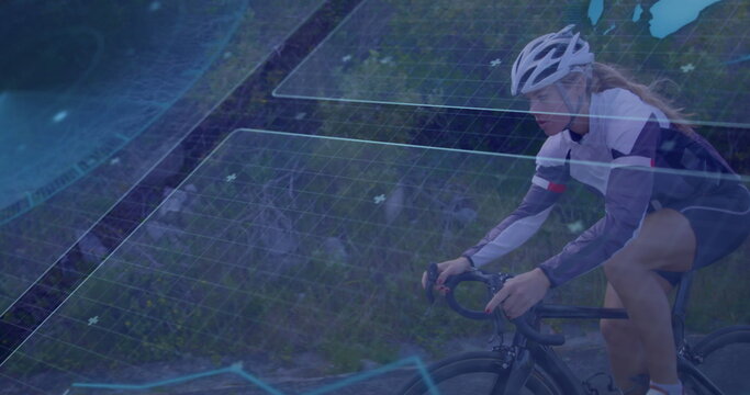 Pedaling cyclist wearing helmet and jersey on mountain road, with grid and map overlays, copy space