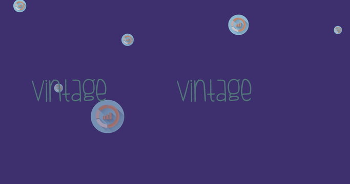 Fototapeta Floating stylized text vintage repeating on purple backdrop with circular chart icons, copy space