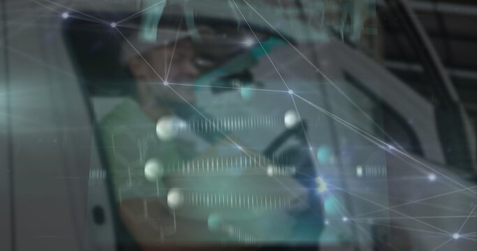 Inspecting technician wearing respirator leaning on frame at lab with network overlay, copy space