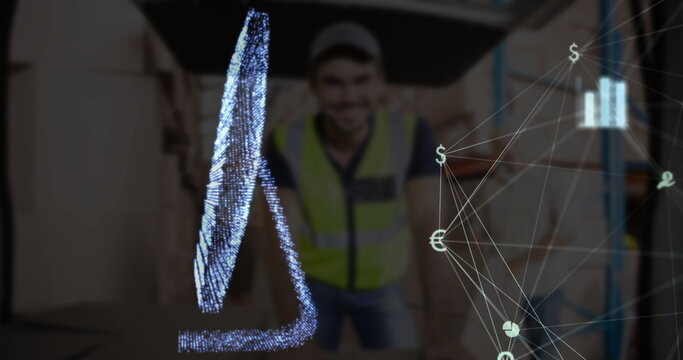 Smiling worker wearing safety vest and cap viewing hologram at warehouse, with currency network