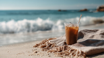 Chilled Iced Coffee on a Soft Blanket Along the Serene Beach Shore with Gentle Waves Lapping the Sand