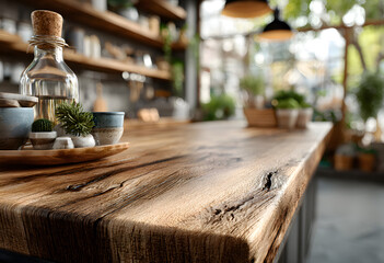 Obraz premium Empty wooden kitchen countertop with blurred background, perfect for displaying products in a realistic and stylish setting