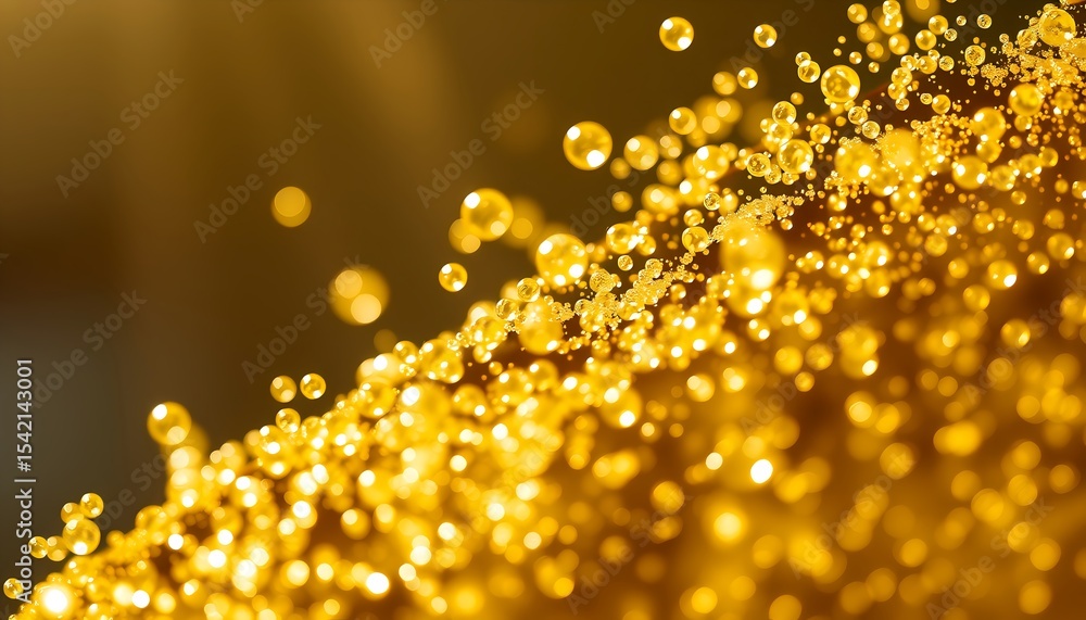 Poster golden bubbles cascade abstract liquid texture with sparkling highlights and depth of field