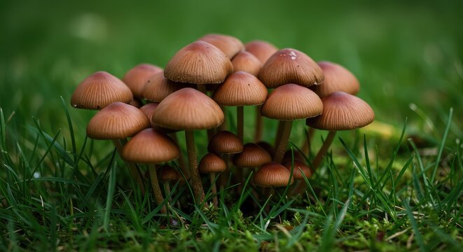 Close-up View of a Cluster of Mushrooms Growing in Lush Green Grass