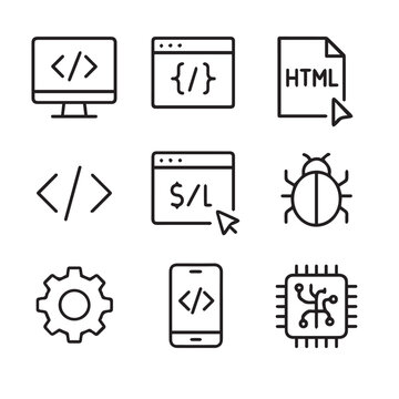 Minimal Black Line Icons &ndash; Computer, Code, Programming, Web Development & Tech Symbols

