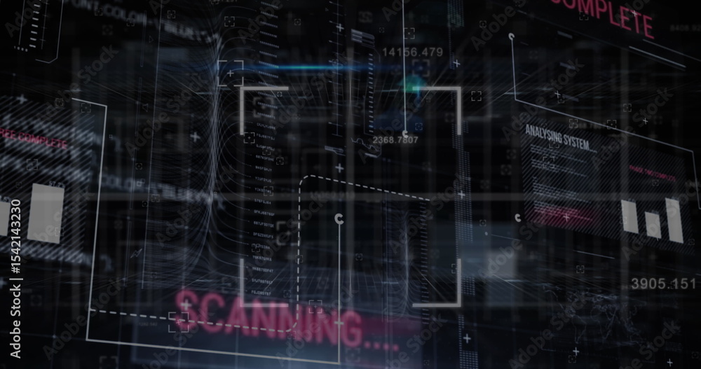 Poster Showing scanning interface on screen with frames and charts and SCANNING ANALYSING SYSTEM COMPLETE