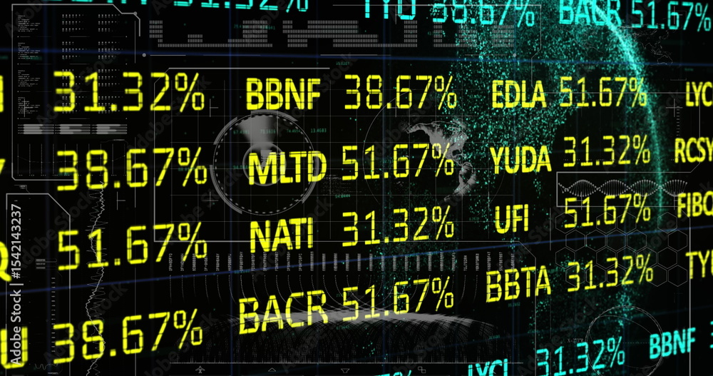 Poster displaying digital ui showing yellow percentages and ticker symbols on grid map, with teal globe