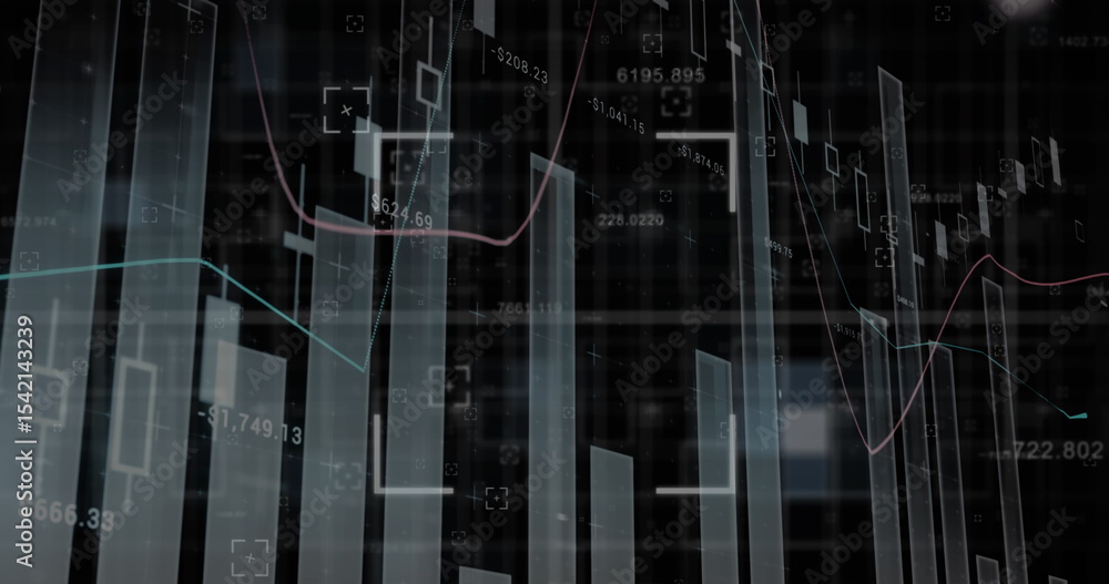 Poster displaying market chart on trading interface, with bars, candlesticks, line graphs and grid overlay