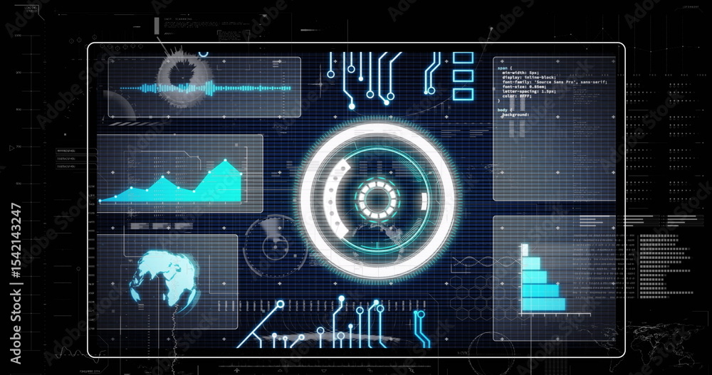 Poster pulsing hud in interface, showing waveform, line and bar charts, map, code snippet on neon grid