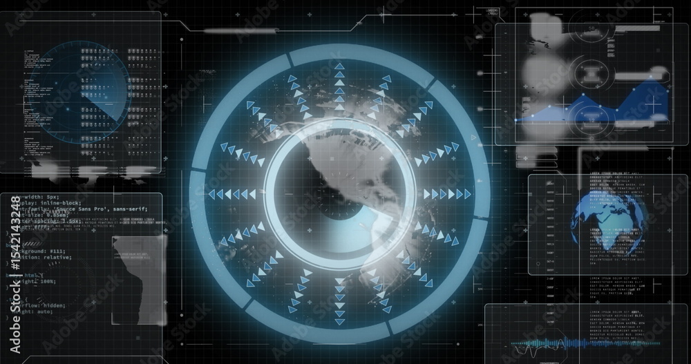 Poster displaying central holographic globe rotating in console, with concentric rings arrows data panels