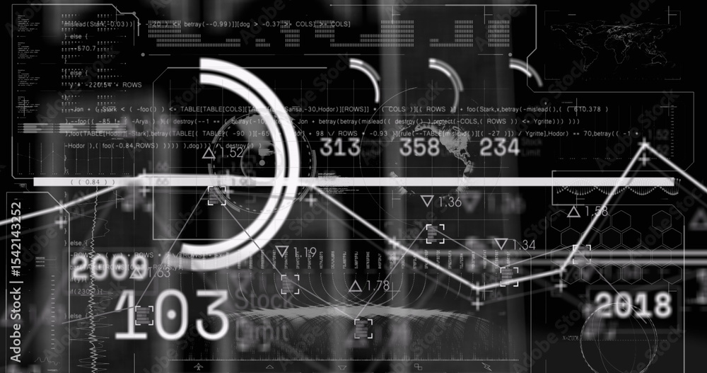 Poster displaying circular chart in hud overlay, showing rising line graph, numeric labels and hex grid